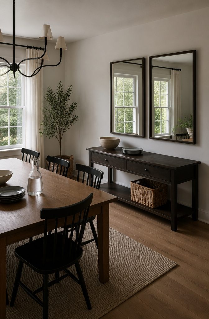 12 Ways to Decorate a Dining Room That Actually Work 8 Dining room wall with a mirror framed art and decorative plates