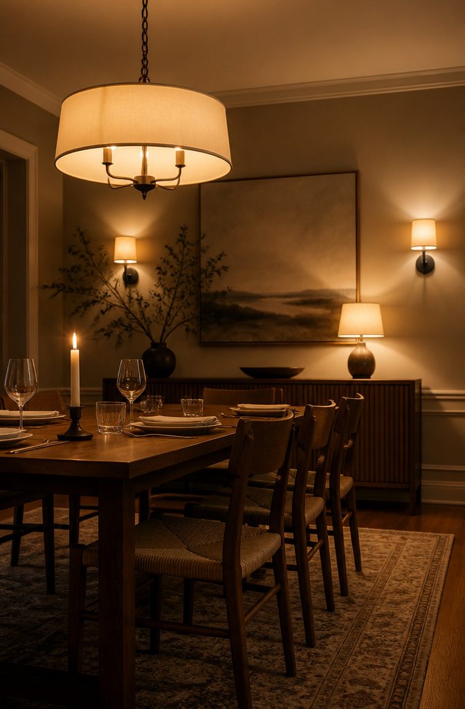 12 Ways to Decorate a Dining Room That Actually Work 4 Dining table beneath a pendant light with sconces nearby