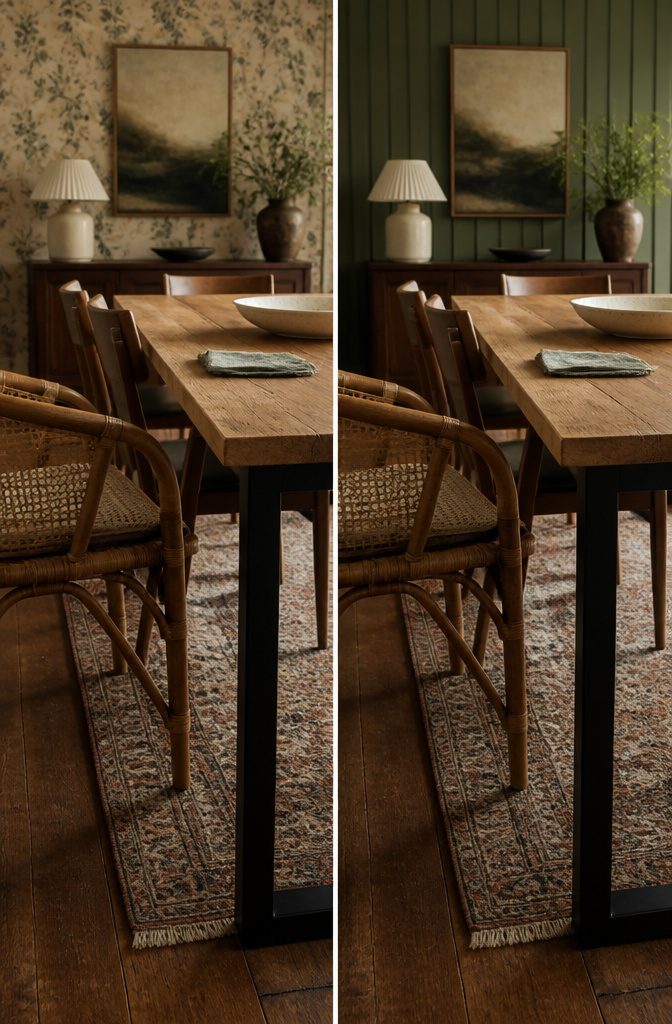 12 Ways to Decorate a Dining Room That Actually Work 10 Dining table with reclaimed wood top black metal legs and patterned decor