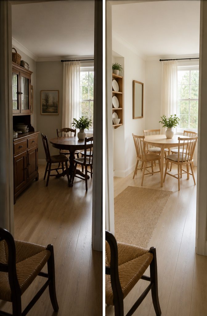 12 Ways to Decorate a Dining Room That Actually Work 14 Round dining table with four chairs in a compact light-colored room