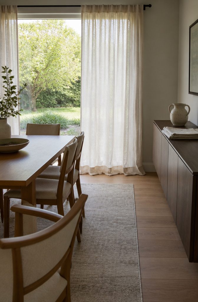 12 Ways to Decorate a Dining Room That Actually Work 11 Ivory sheer curtains framing a dining room window and garden view