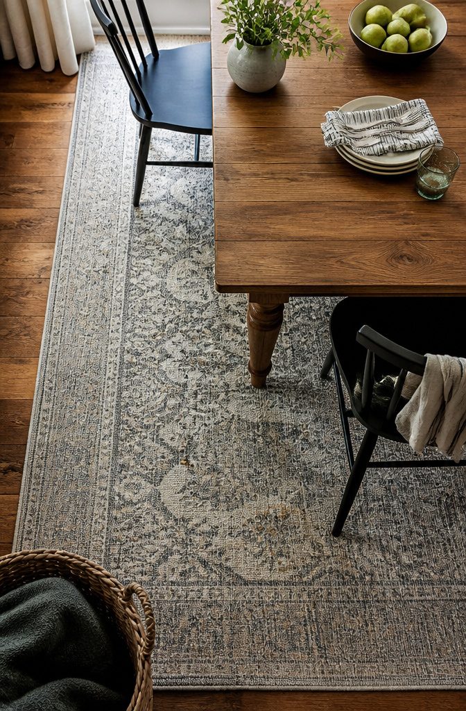 12 Ways to Decorate a Dining Room That Actually Work 7 Dining table and chairs resting on a patterned area rug