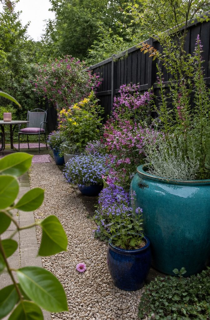 Teal ceramic pot among purple pink and yellow garden flowers