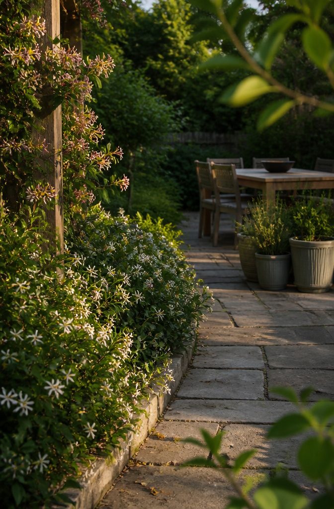 Honeysuckle on a timber support and jasmine beside herb containers and path