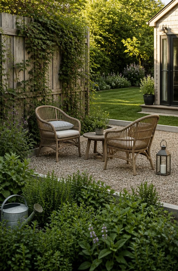 Outdoor bench set among garden plants near a fence