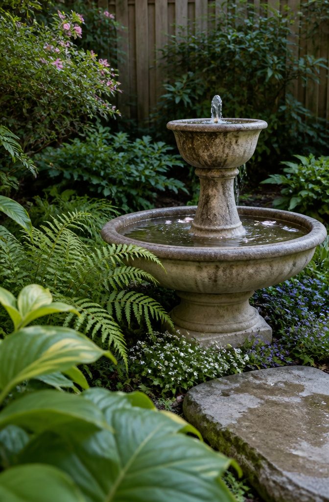 Garden fountain with flowing water surrounded by leafy plants