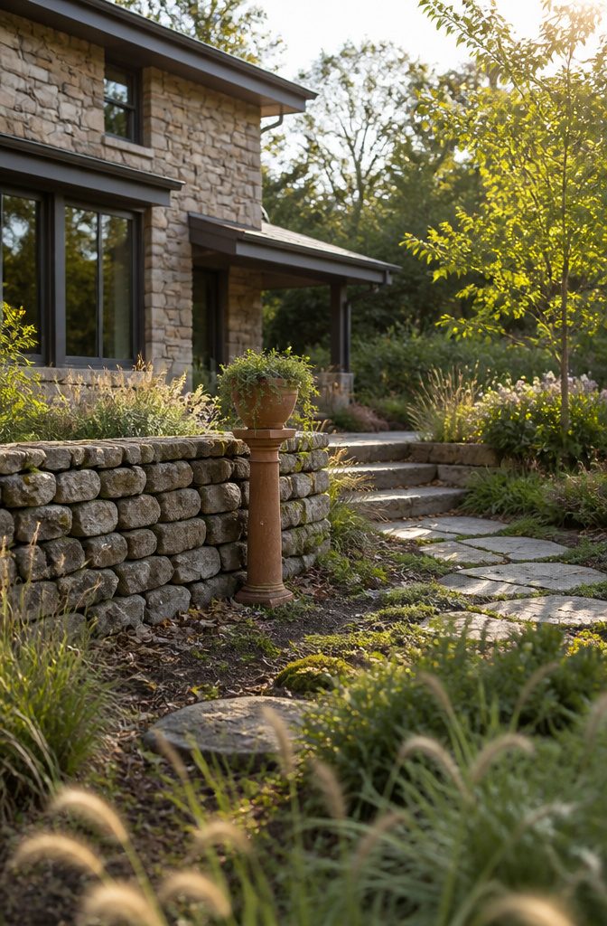 Stone garden path and low wall beside a house with stone cladding