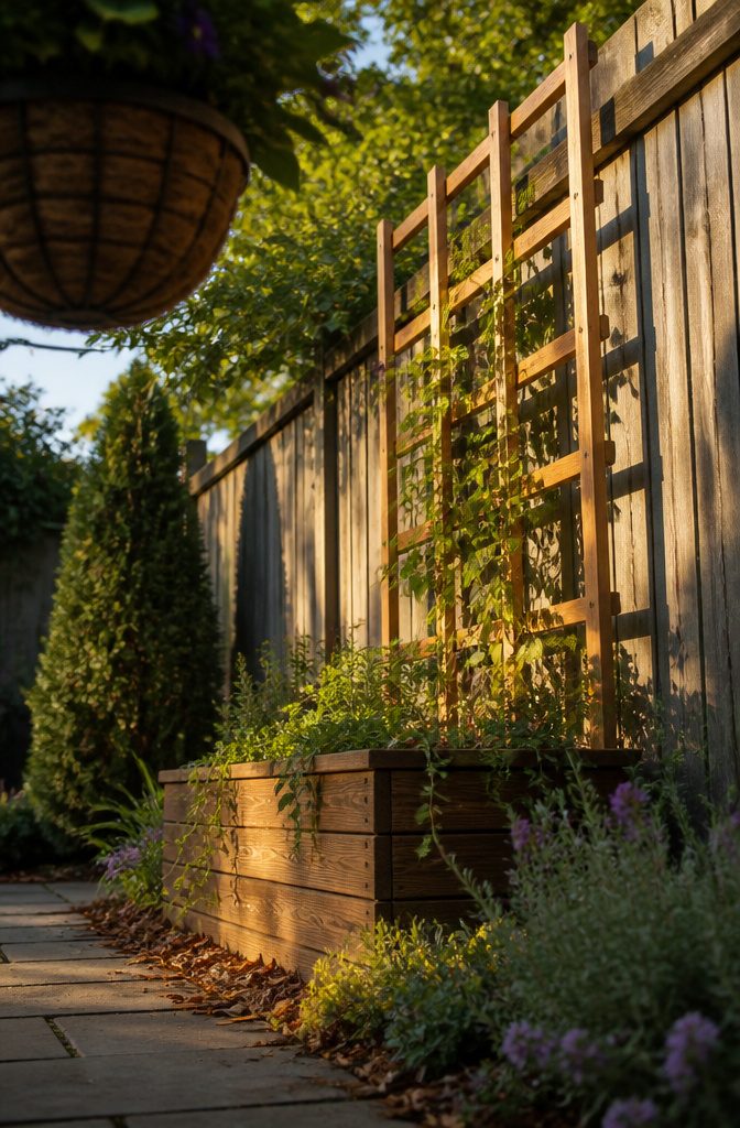 Climbing plants growing on a trellis beside hanging baskets