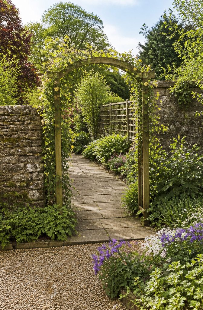 Garden arch covered with climbing plants at the entrance to a path