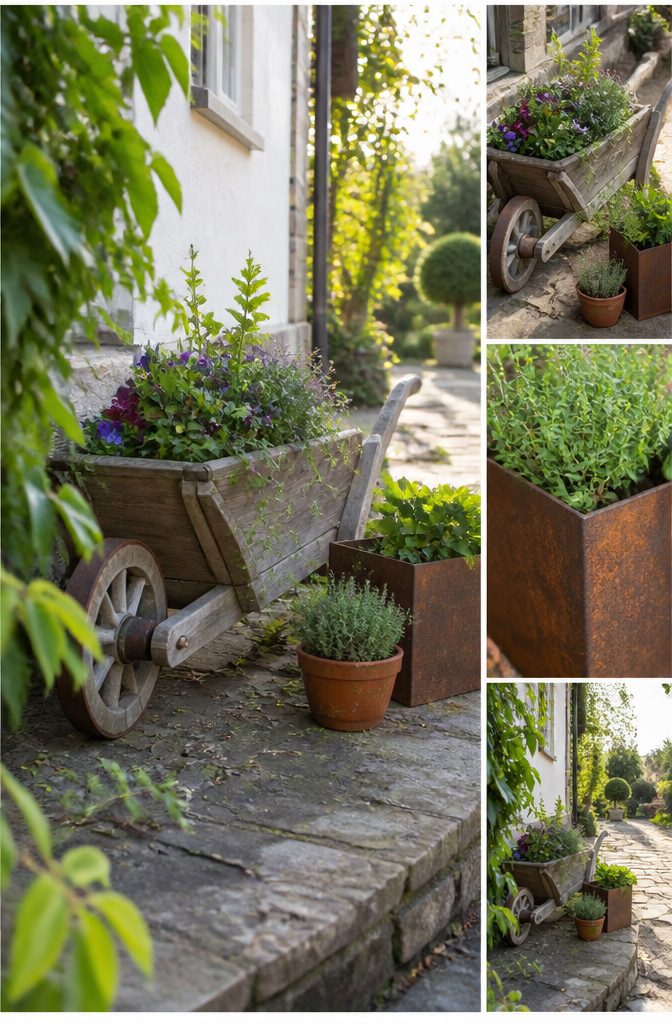 Wheelbarrow filled with flowers beside other repurposed garden containers