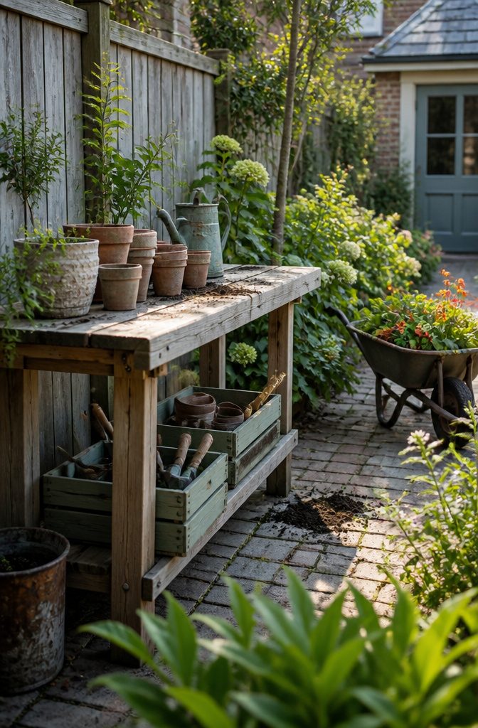 Reclaimed wood potting bench with crates tools and empty pots beside a wheelbarrow planter