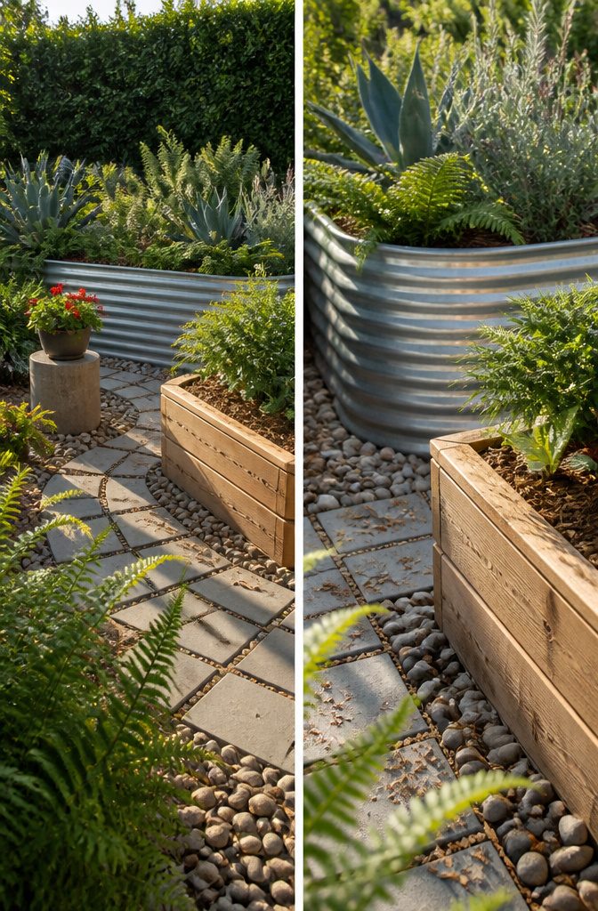 Curved river rock beside angular pavers and wood and metal raised beds