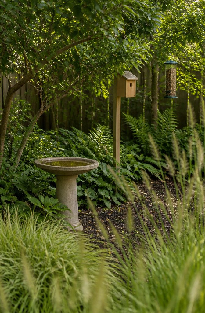 Shallow birdbath beneath a leafy shrub beside a wooden nest box