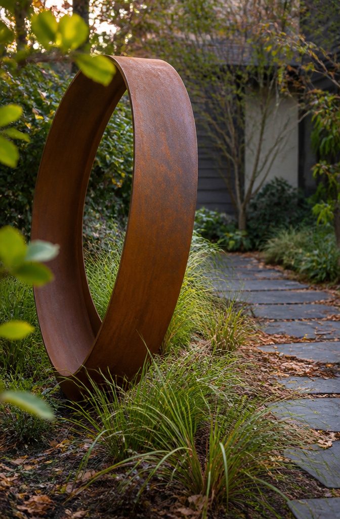 Garden sculpture standing among leafy plants beside a planted border