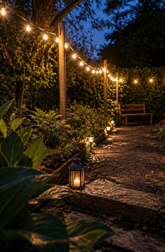Glowing string lights between timber posts above a garden path and bench