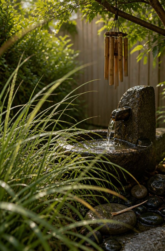 Wind chimes hanging near a garden fountain among plants