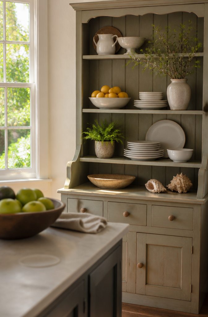 How to Decorate a Kitchen Hutch: 9 Ideas That Actually Work 9 Hutch shelves with leafy branches, green plants, and a bowl of fruit