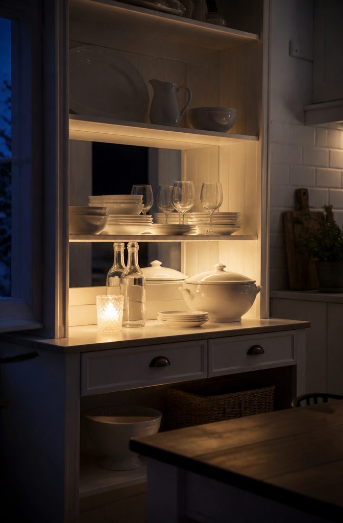 How to Decorate a Kitchen Hutch: 9 Ideas That Actually Work 10 Hutch shelf with a mirror reflecting white dishes and concealed LED lighting