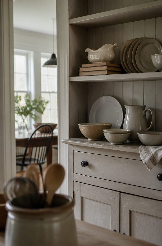How to Decorate a Kitchen Hutch: 9 Ideas That Actually Work 6 Hutch shelves with stacked bowls, upright plates, a pitcher, and books