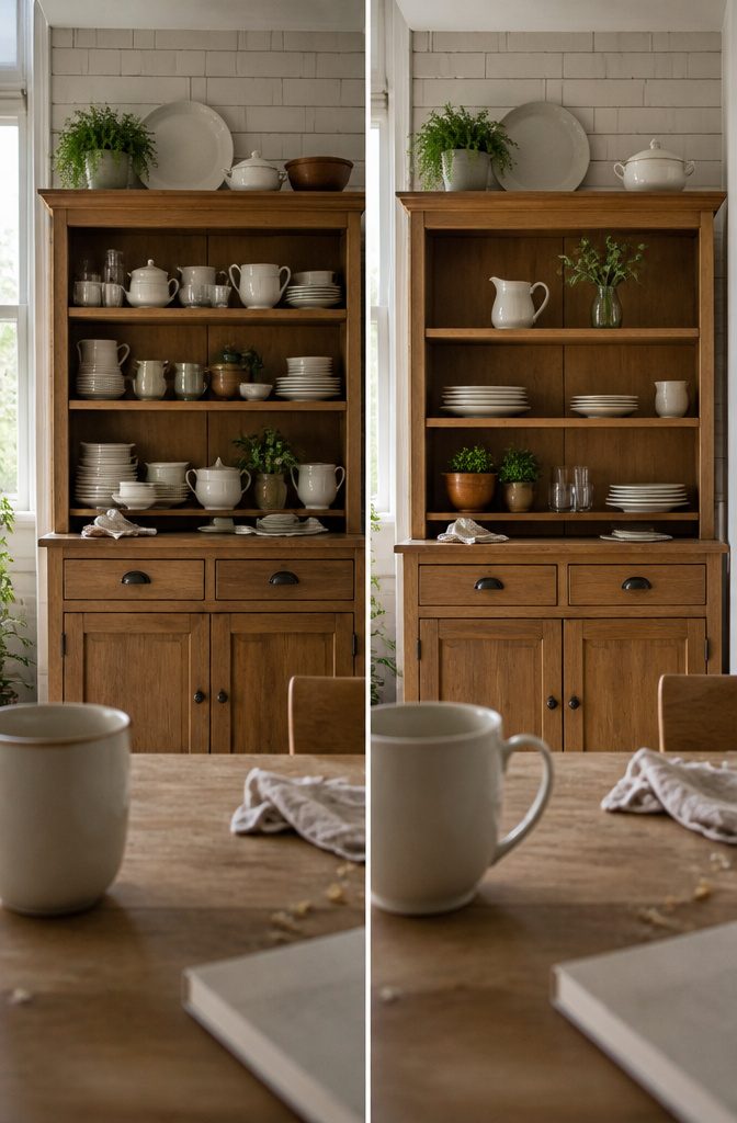 How to Decorate a Kitchen Hutch: 9 Ideas That Actually Work 11 Kitchen hutch with a cream pitcher above a tall vase