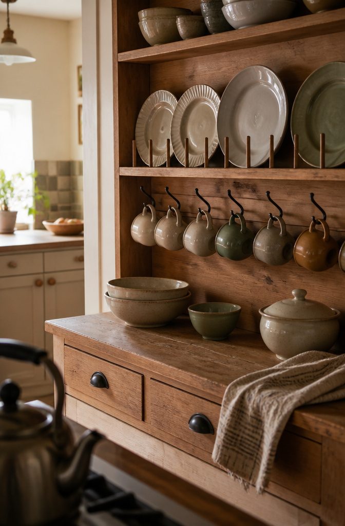 How to Decorate a Kitchen Hutch: 9 Ideas That Actually Work 14 Hutch with plates mounted on the back and cups hanging from low hooks