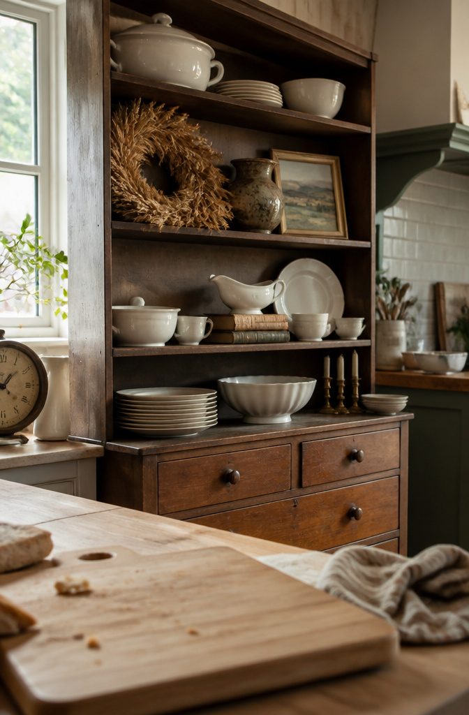 How to Decorate a Kitchen Hutch: 9 Ideas That Actually Work 5 Kitchen hutch with books, a wreath, framed art, pottery, and dishes