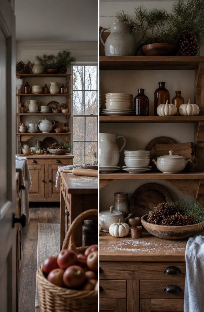 How to Decorate a Kitchen Hutch: 9 Ideas That Actually Work 12 Hutch display with small white pumpkins and amber glass bottles