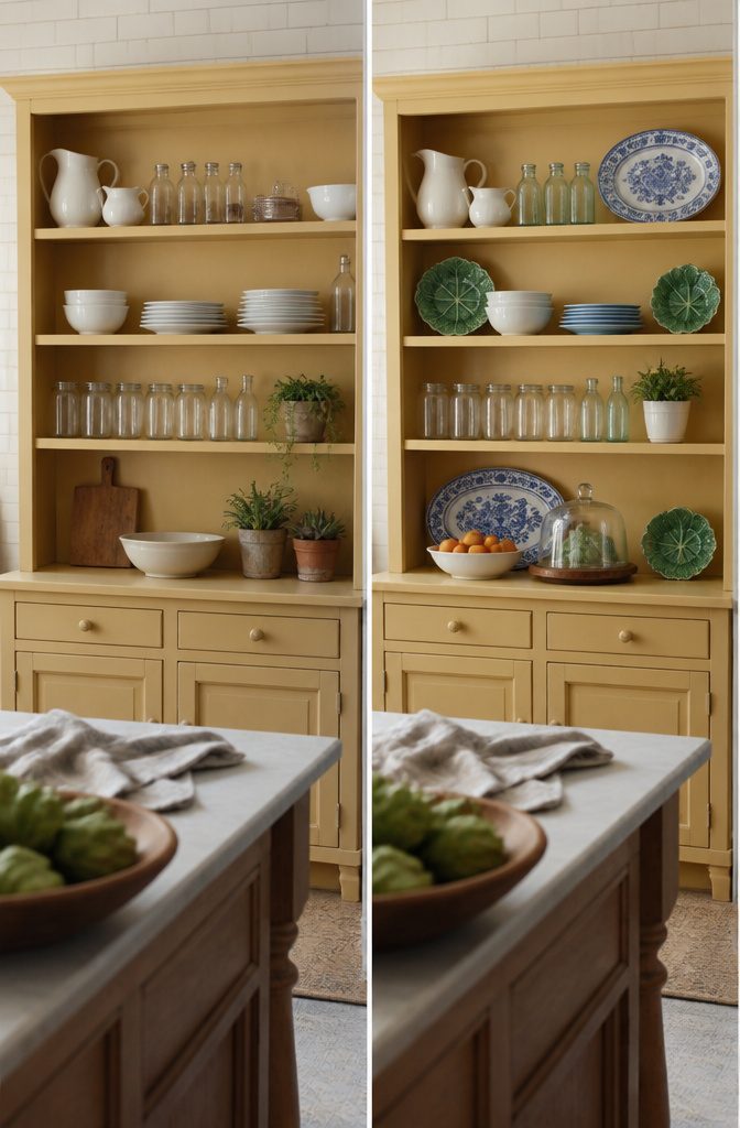 How to Decorate a Kitchen Hutch: 9 Ideas That Actually Work 7 Yellow-painted kitchen hutch displaying blue-ware plates and cabbage-ware