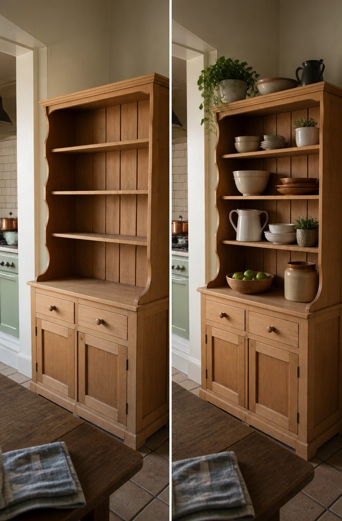 How to Decorate a Kitchen Hutch: 9 Ideas That Actually Work 2 Bare kitchen hutch shelves with the wood structure fully visible