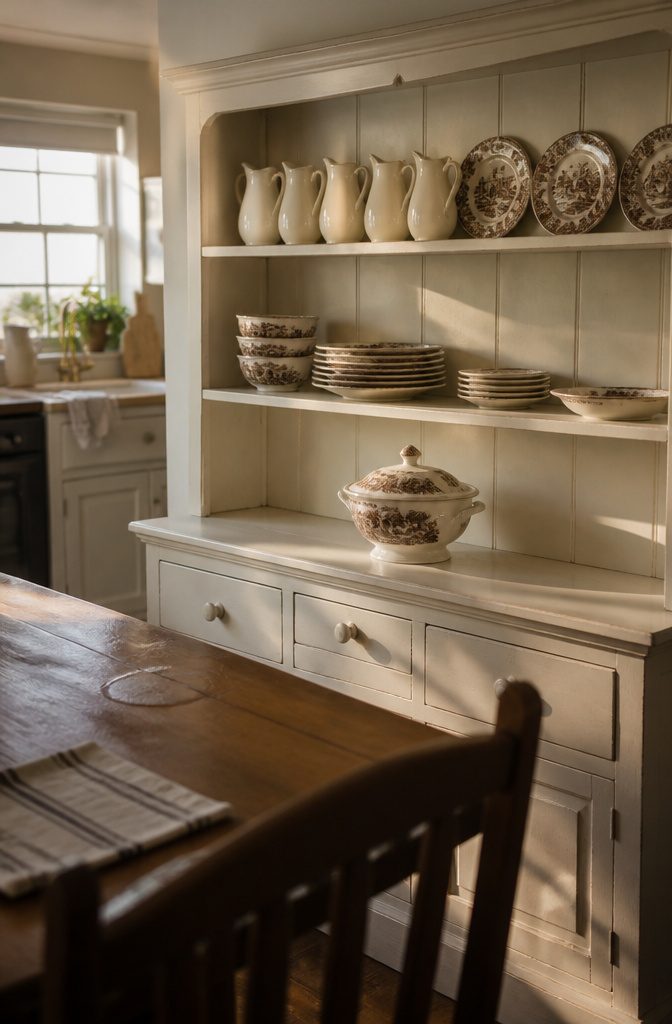 How to Decorate a Kitchen Hutch: 9 Ideas That Actually Work 4 Hutch shelves filled with stacked dishes, pitchers, and serving pieces