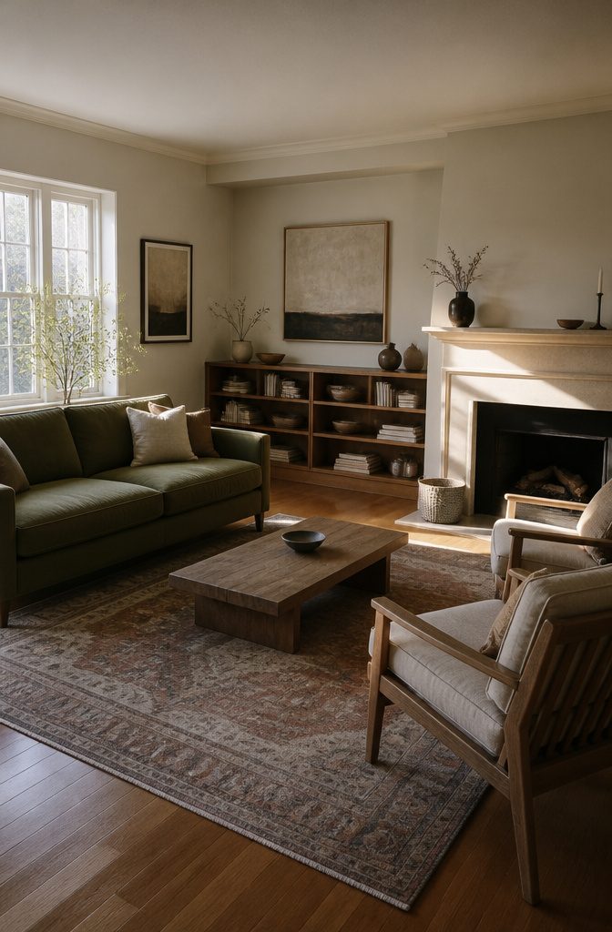 How to Decorate a Living Room with a Fireplace: 12 Ideas 5 Off-center living room fireplace opposite two chairs and a rug beside a sofa