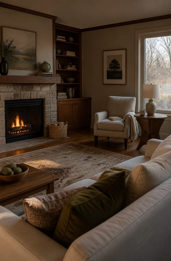 How to Decorate a Living Room with a Fireplace: 12 Ideas 13 Living room fireplace beside an angled reading chair with a throw and side table