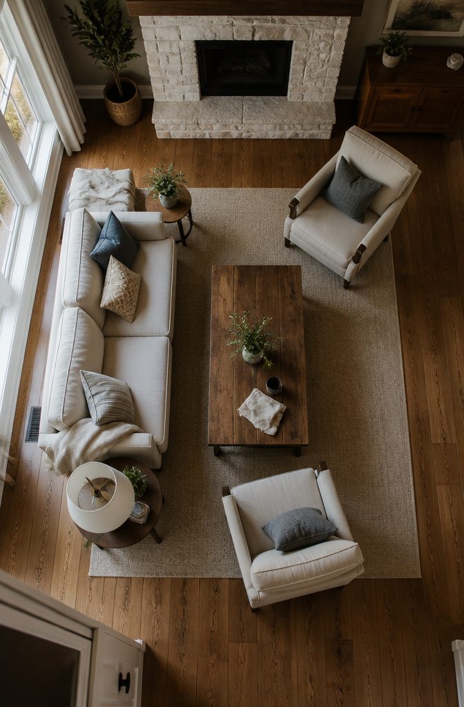 How to Decorate a Living Room with a Fireplace: 12 Ideas 3 Living room fireplace with a sofa and two chairs around a coffee table