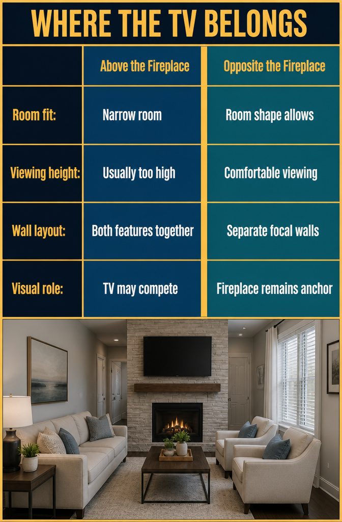 How to Decorate a Living Room with a Fireplace: 12 Ideas 7 Television mounted above a living room fireplace on the same wall