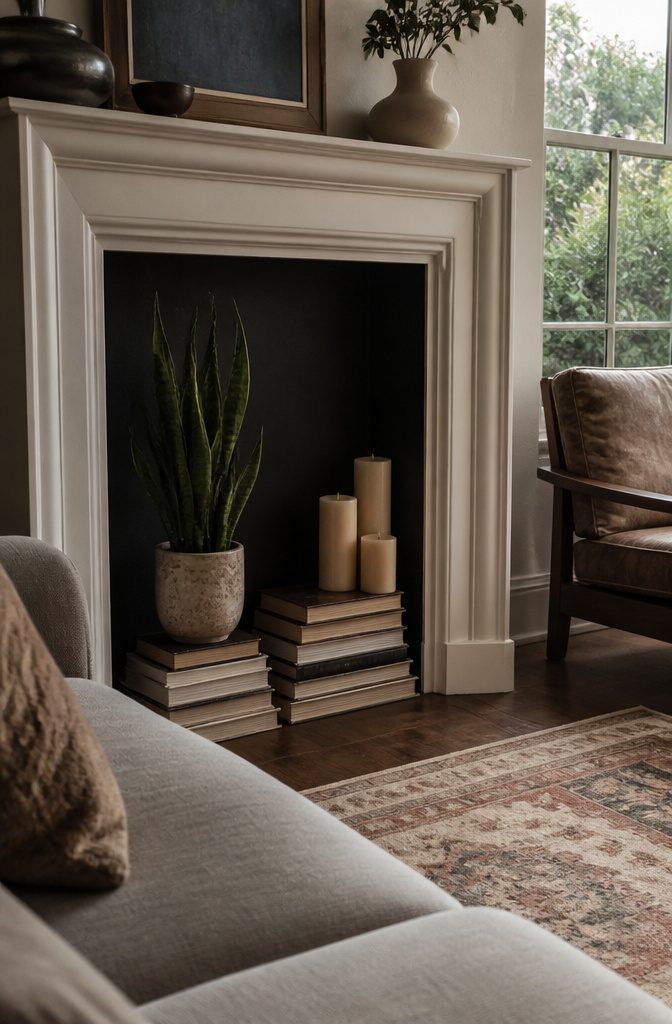How to Decorate a Living Room with a Fireplace: 12 Ideas 12 Nonfunctional fireplace firebox styled with stacked books and potted plants