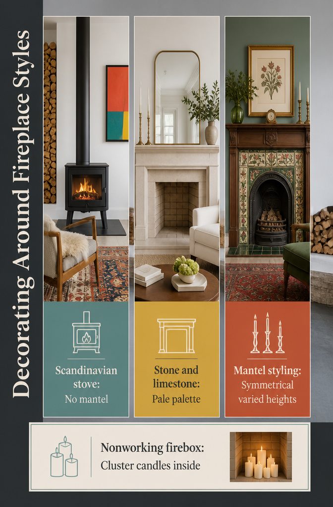 How to Decorate a Living Room with a Fireplace: 12 Ideas 14 Black Scandinavian wood stove with colorful wall art and stacked firewood