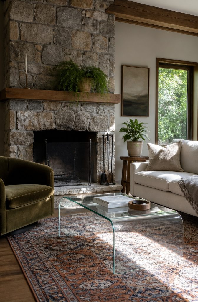 How to Decorate a Living Room with a Fireplace: 12 Ideas 11 Stone fireplace with glass coffee table linen sofa velvet chair and patterned rug
