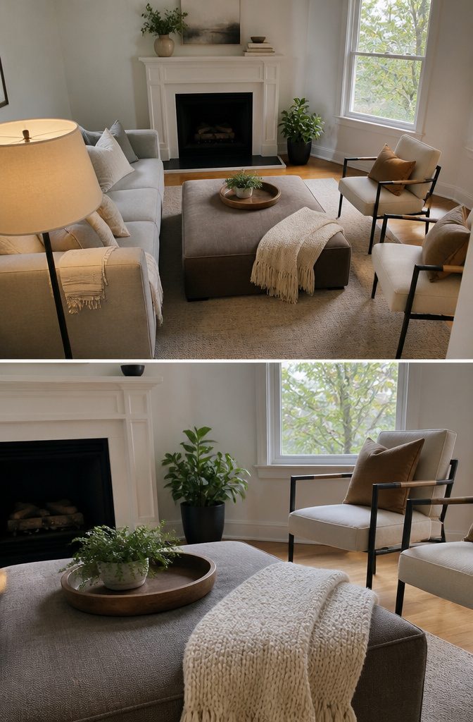 How to Decorate a Living Room with a Fireplace: 12 Ideas 6 Small living room fireplace with compact seating and a large coffee table