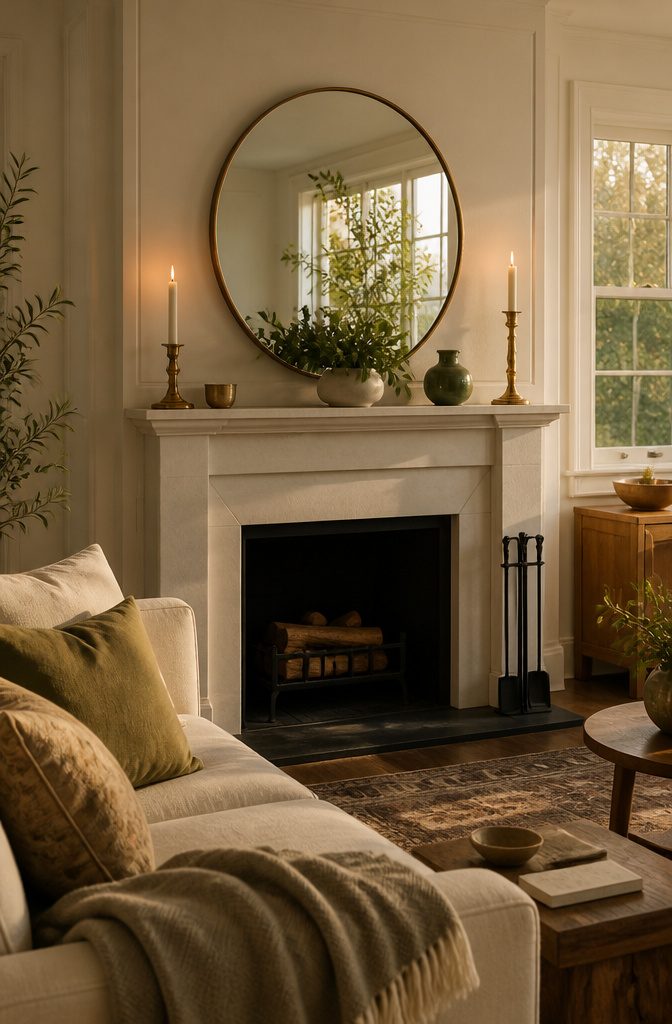 How to Decorate a Living Room with a Fireplace: 12 Ideas 9 Fireplace mantel with a centered mirror candlesticks and a low vase of greenery