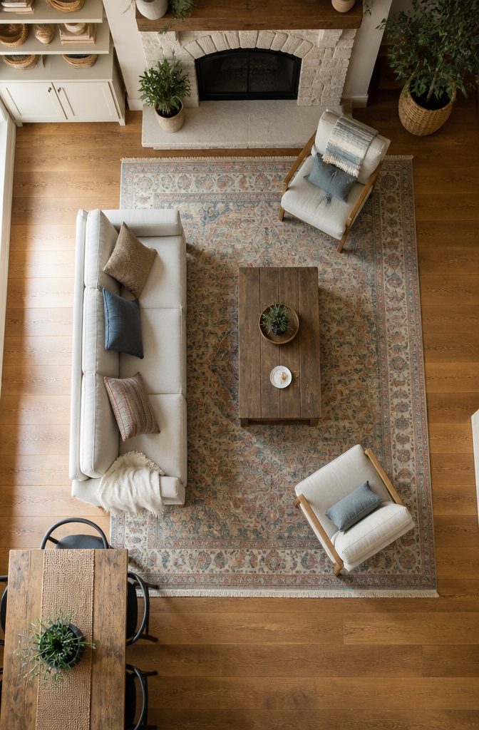 How to Decorate a Living Room with a Fireplace: 12 Ideas 8 Living room fireplace with sofa and chairs grouped on an area rug