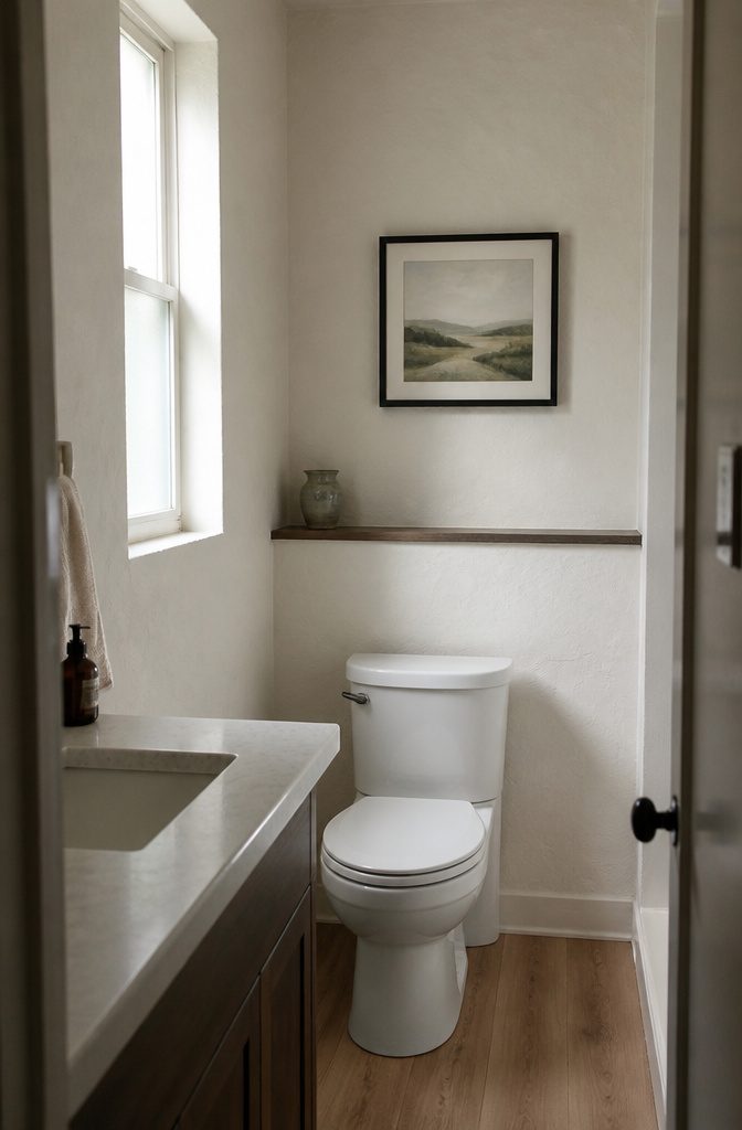 11 Ways to Decorate a Small Powder Room 8 Small landscape print in a black frame above a ceramic vase on a ledge