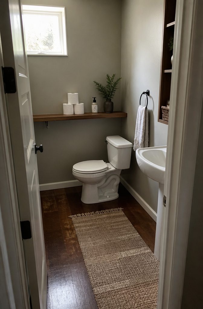 11 Ways to Decorate a Small Powder Room 11 Floating shelf above a toilet holding extra paper and small bathroom supplies