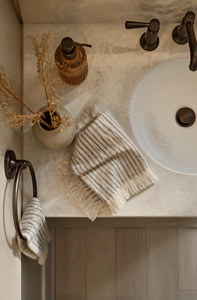11 Ways to Decorate a Small Powder Room 10 Powder room counter with hand towel, soap, tissue cover, and dried florals