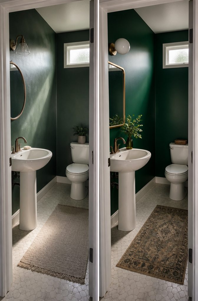 11 Ways to Decorate a Small Powder Room 3 Powder room with deep-colored walls and light trim