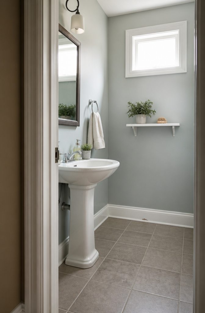 11 Ways to Decorate a Small Powder Room 6 Pedestal sink in a narrow powder room with open floor space