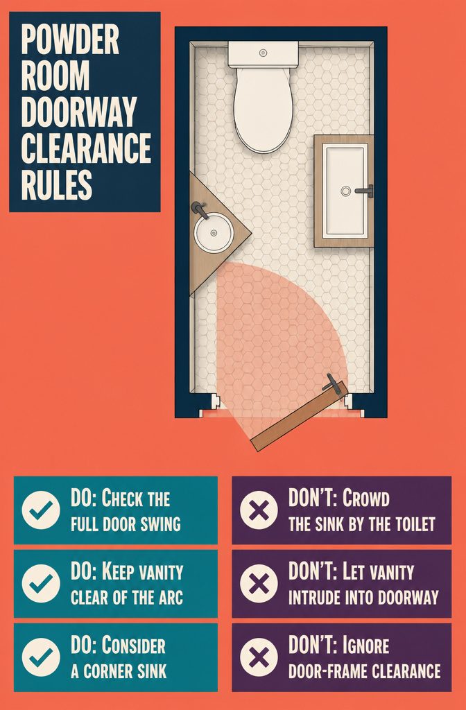 11 Ways to Decorate a Small Powder Room 15 Powder room layout diagram marking door swing and vanity clearance