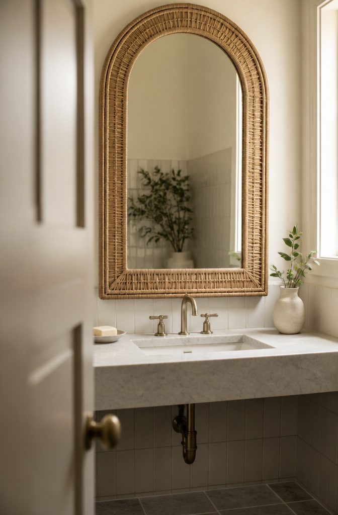 11 Ways to Decorate a Small Powder Room 4 Powder room sink beneath a large mirror with a distinctive frame