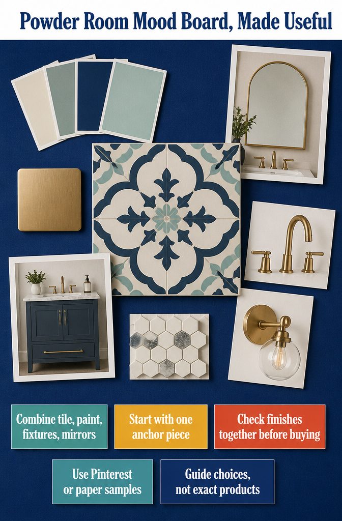 11 Ways to Decorate a Small Powder Room 13 Powder room mood board with tile samples, paint chips, fixtures, and mirrors