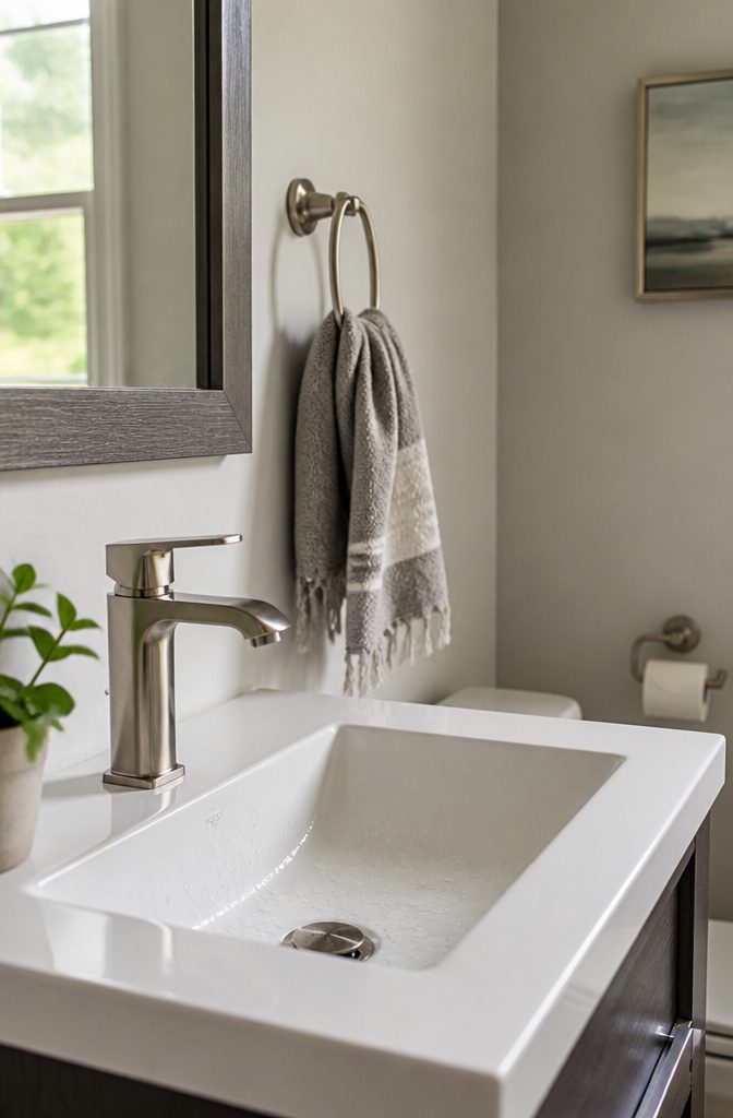 11 Ways to Decorate a Small Powder Room 7 Brushed nickel faucet beside a matching towel ring and toilet paper holder