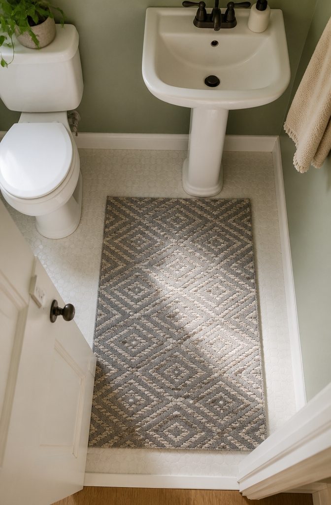 11 Ways to Decorate a Small Powder Room 12 Washable patterned rug on the floor of a small powder room